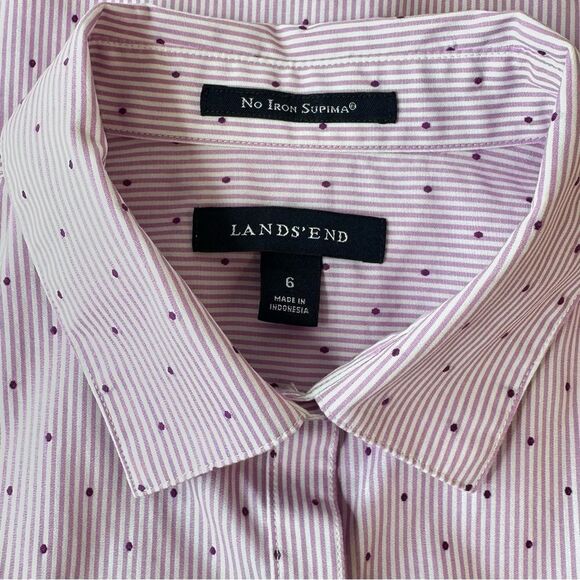LANDS’ END Pink White Pinstripe Swiss Dot Supima Button Front Shirt Size 6 - Picture 5 of 14